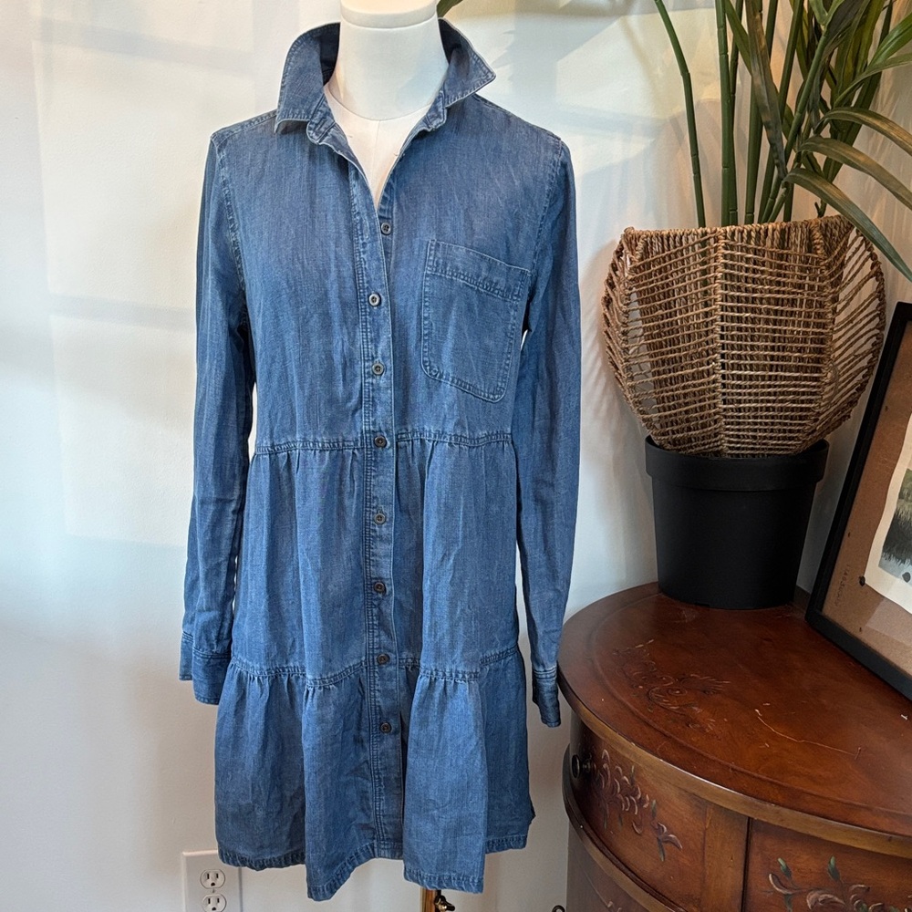 LOFT Denim & Linen Long Sleeve Tiered Dress Button Front S
